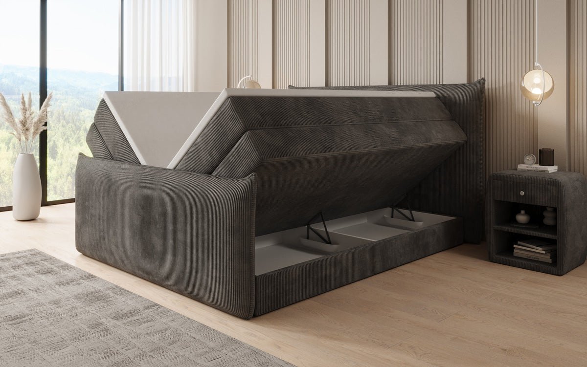 Boxspringbed Liana II met opklapbare opbergruimte in Ribstof