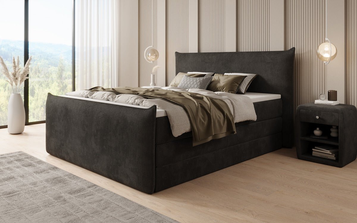 Boxspringbed Liana II met opklapbare opbergruimte in Ribstof