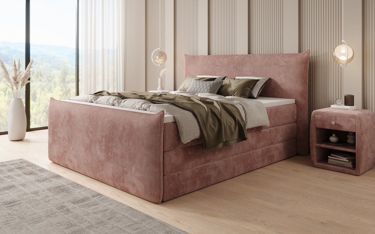 Boxspringbed Liana II met opklapbare opbergruimte in Ribstof