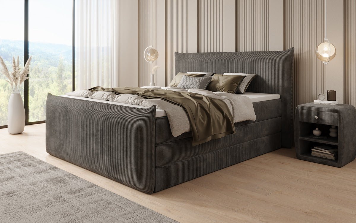 Boxspringbed Liana II met opklapbare opbergruimte in Ribstof