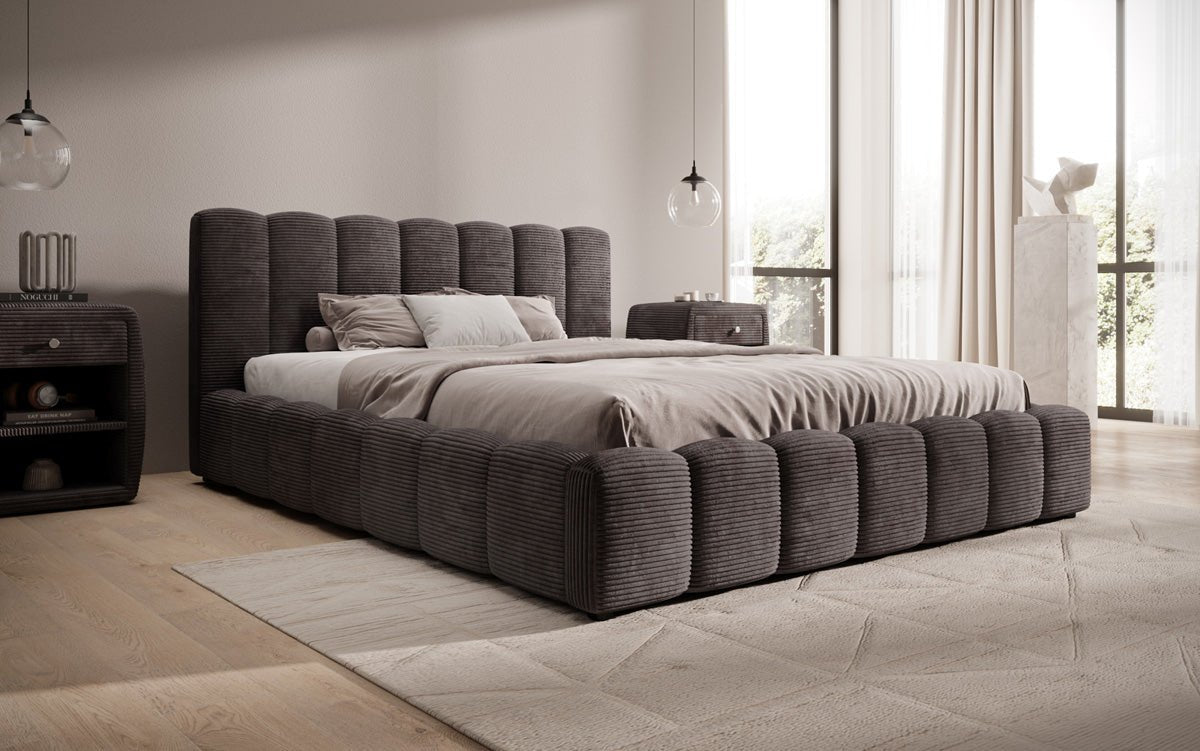 Designerslaapbed Nuveo in ribstof met opbergruimte