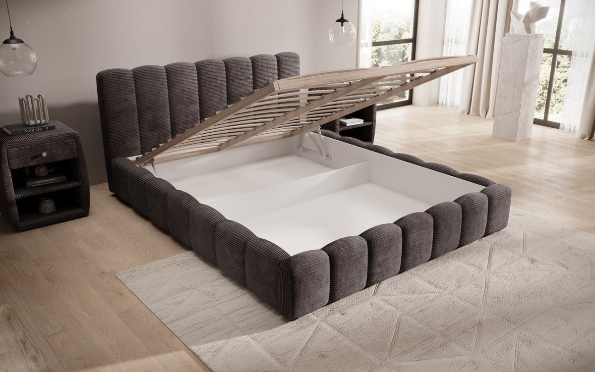Designerslaapbed Nuveo in ribstof met opbergruimte