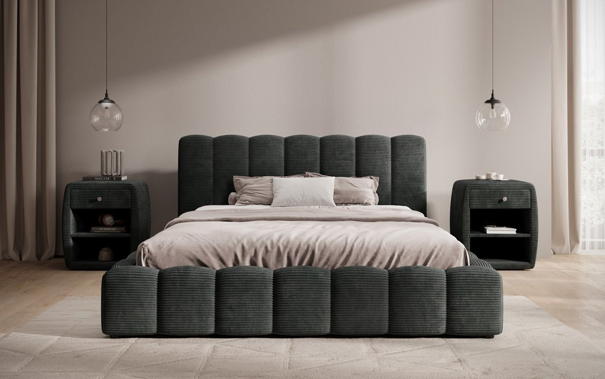 Designerslaapbed Nuveo in ribstof met opbergruimte