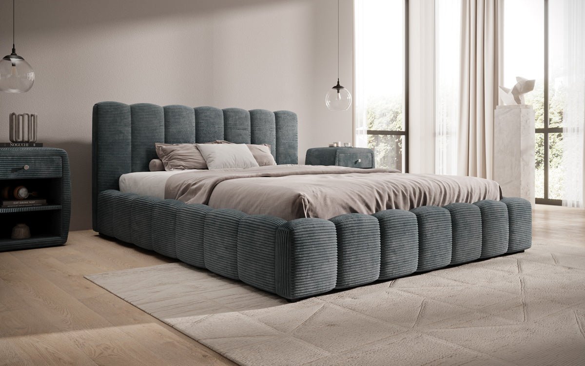 Designerslaapbed Nuveo in ribstof met opbergruimte