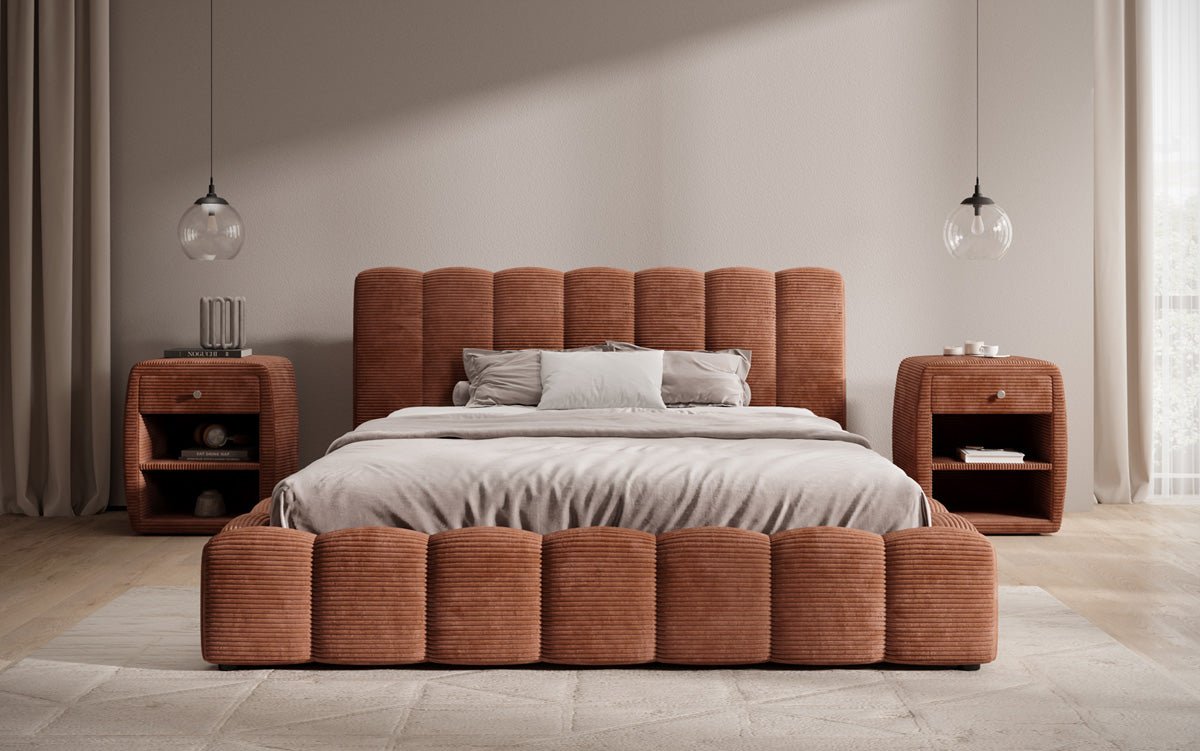 Designerslaapbed Nuveo in ribstof met opbergruimte