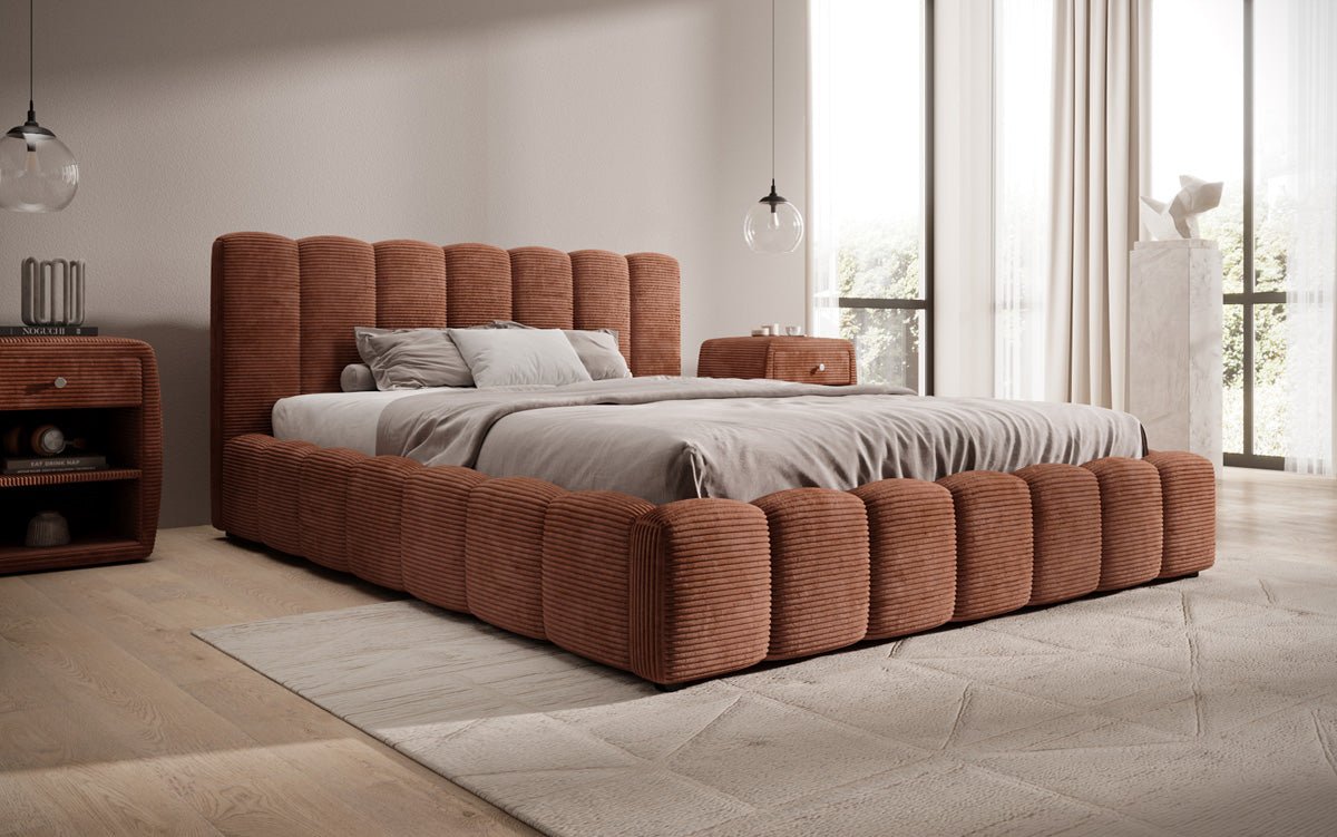 Designerslaapbed Nuveo in ribstof met opbergruimte