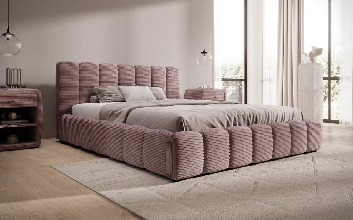 Designerslaapbed Nuveo in ribstof met opbergruimte