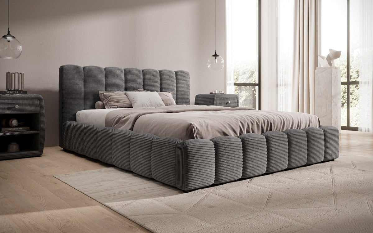Designerslaapbed Nuveo in ribstof met opbergruimte