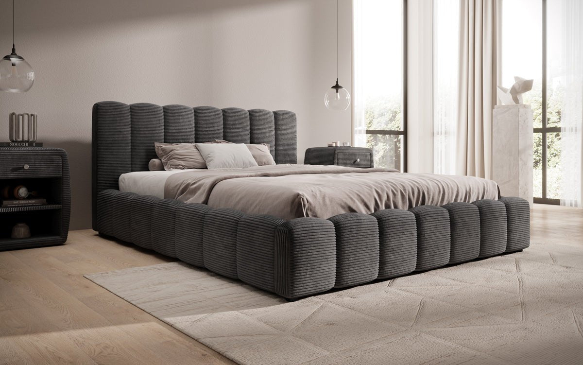 Designerslaapbed Nuveo in ribstof met opbergruimte