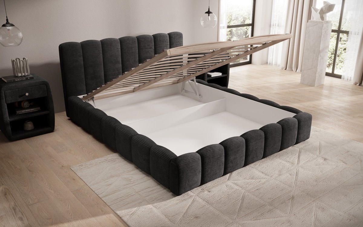 Designerslaapbed Nuveo in ribstof met opbergruimte