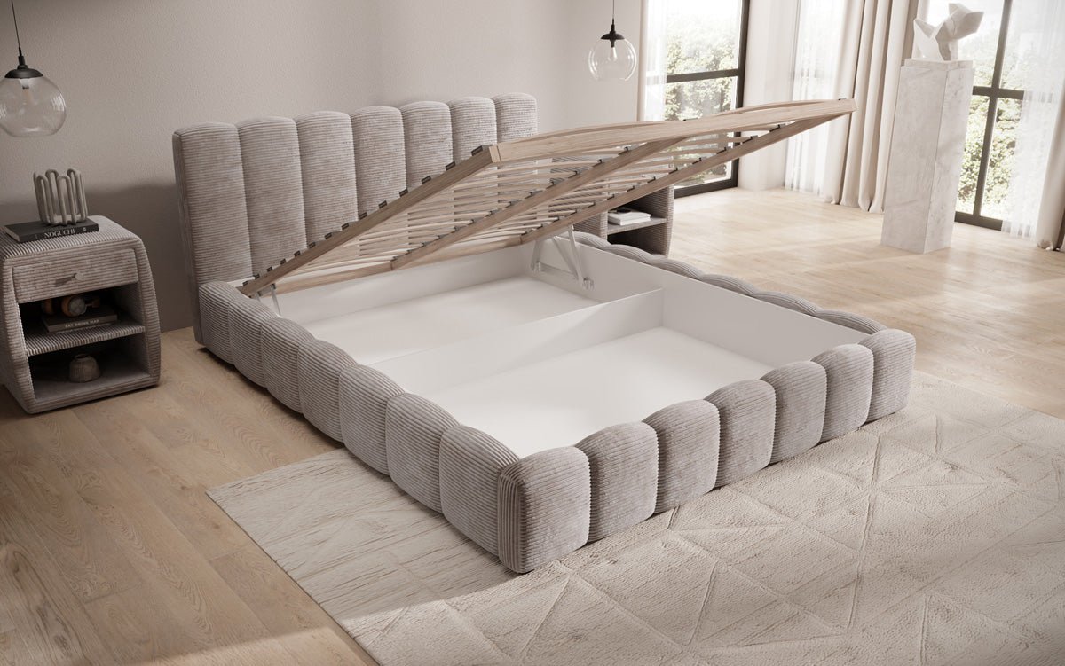 Designerslaapbed Nuveo in ribstof met opbergruimte