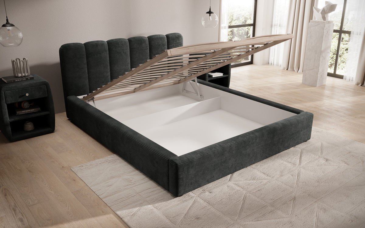 Lit rembourré design Nerra en côtelé avec rangement