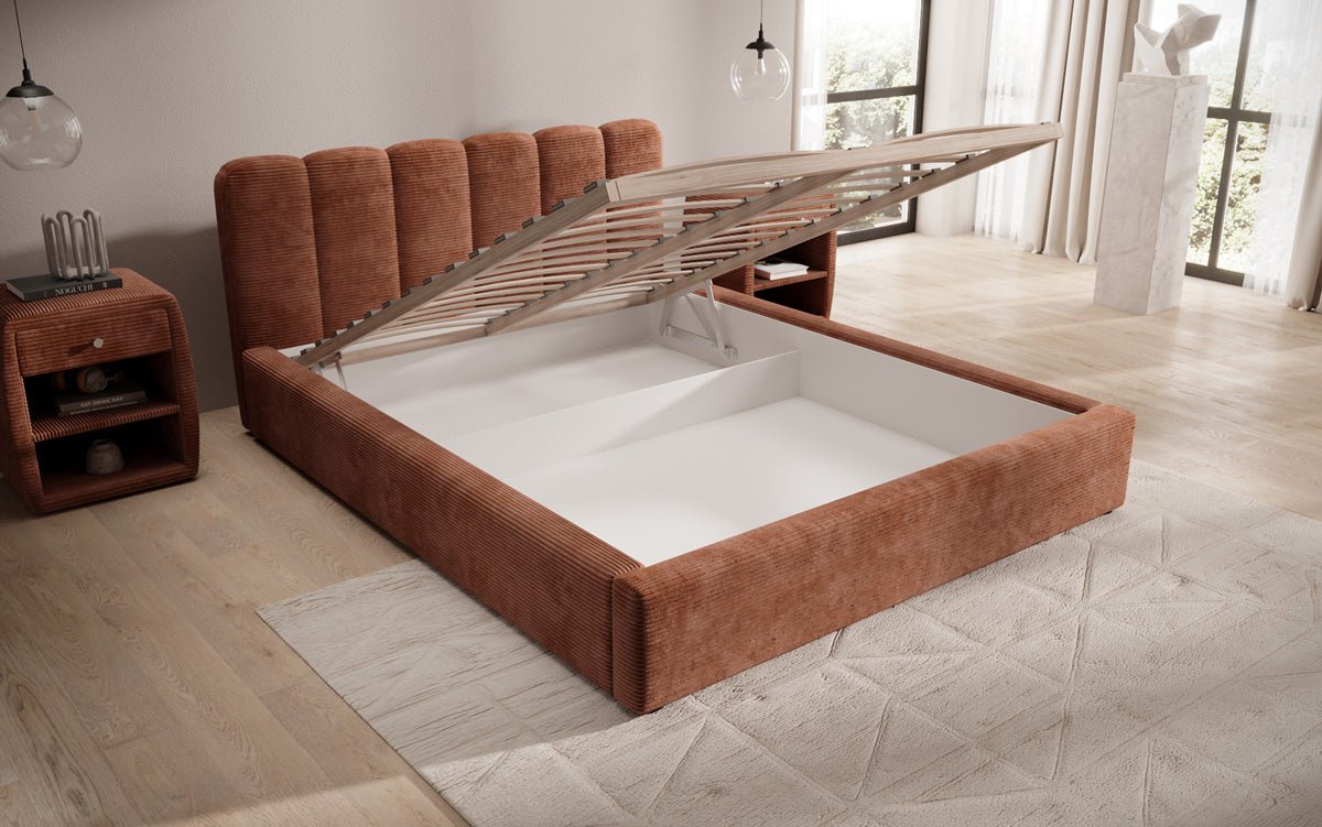 Lit rembourré design Nerra en côtelé avec rangement