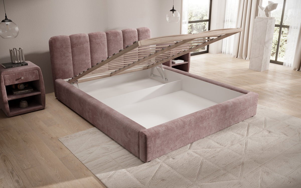 Lit rembourré design Nerra en côtelé avec rangement