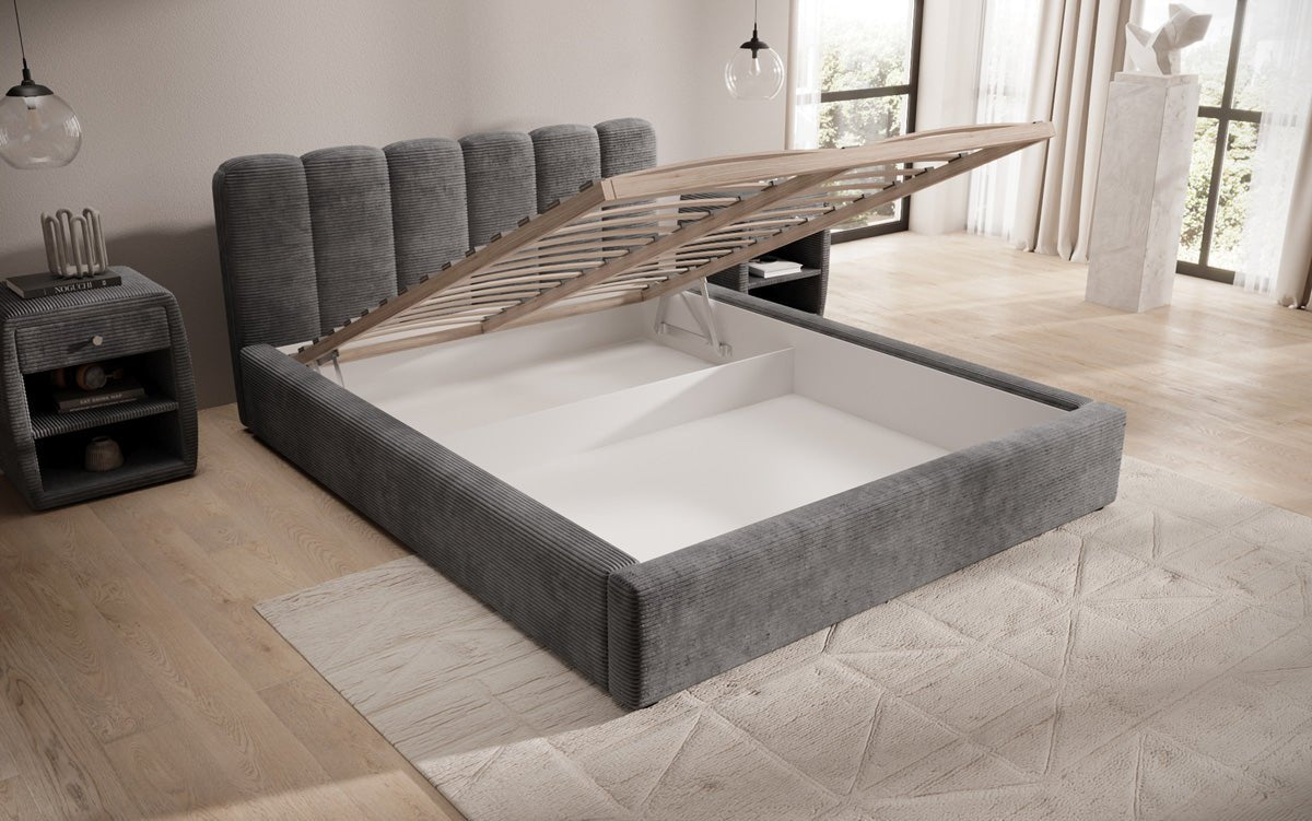 Lit rembourré design Nerra en côtelé avec rangement
