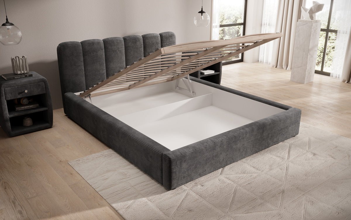 Lit rembourré design Nerra en côtelé avec rangement