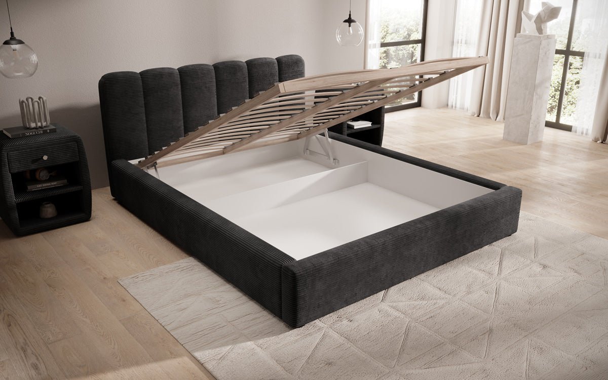 Lit rembourré design Nerra en côtelé avec rangement
