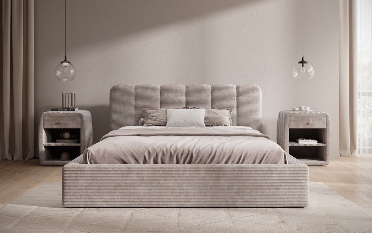Lit rembourré design Nerra en côtelé avec rangement