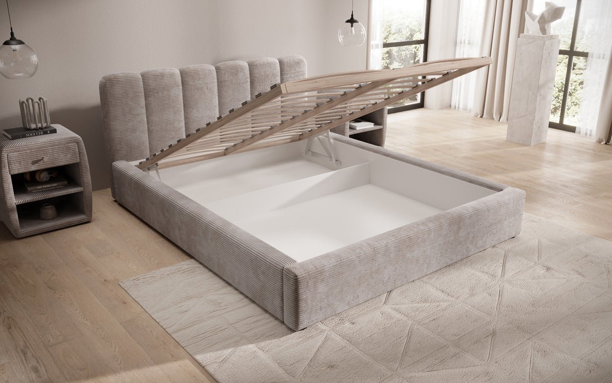 Lit rembourré design Nerra en côtelé avec rangement