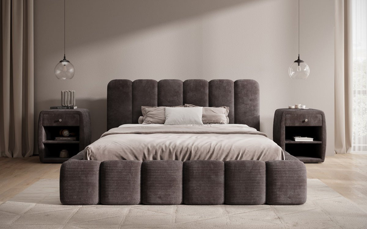 Designerslaapbed Tevara in ribstof met opbergruimte