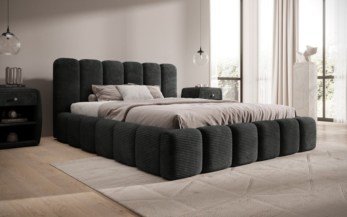 Designerslaapbed Tevara in ribstof met opbergruimte