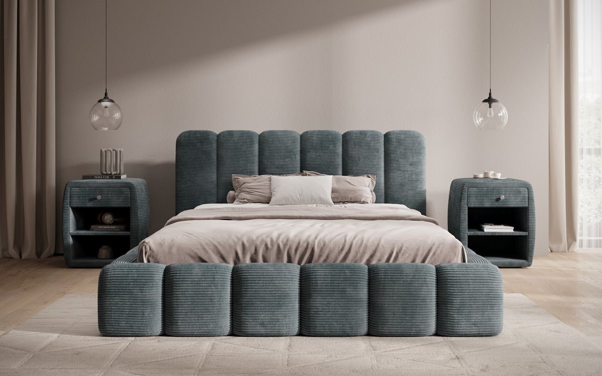 Designerslaapbed Tevara in ribstof met opbergruimte