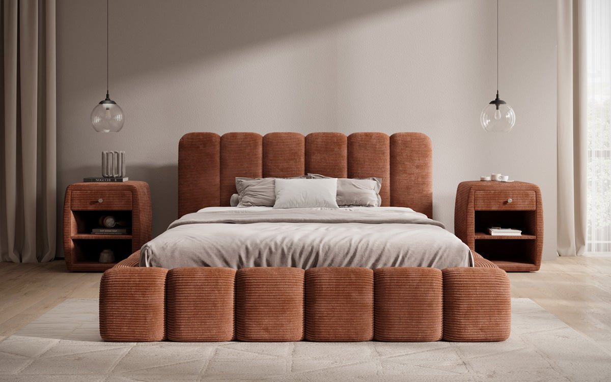 Designerslaapbed Tevara in ribstof met opbergruimte