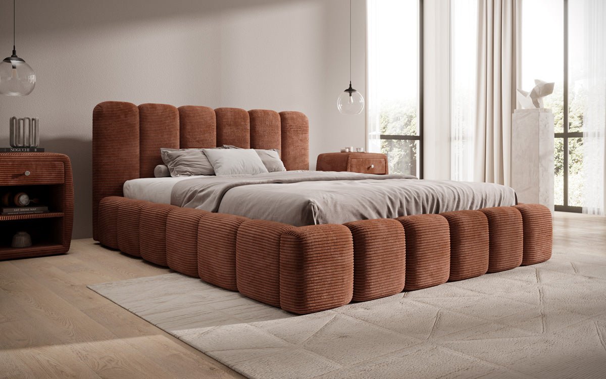 Designerslaapbed Tevara in ribstof met opbergruimte