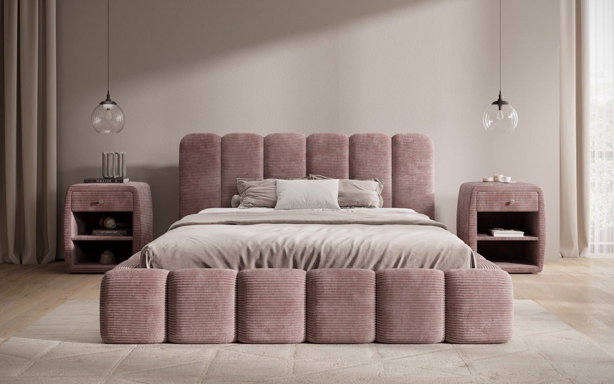 Designerslaapbed Tevara in ribstof met opbergruimte
