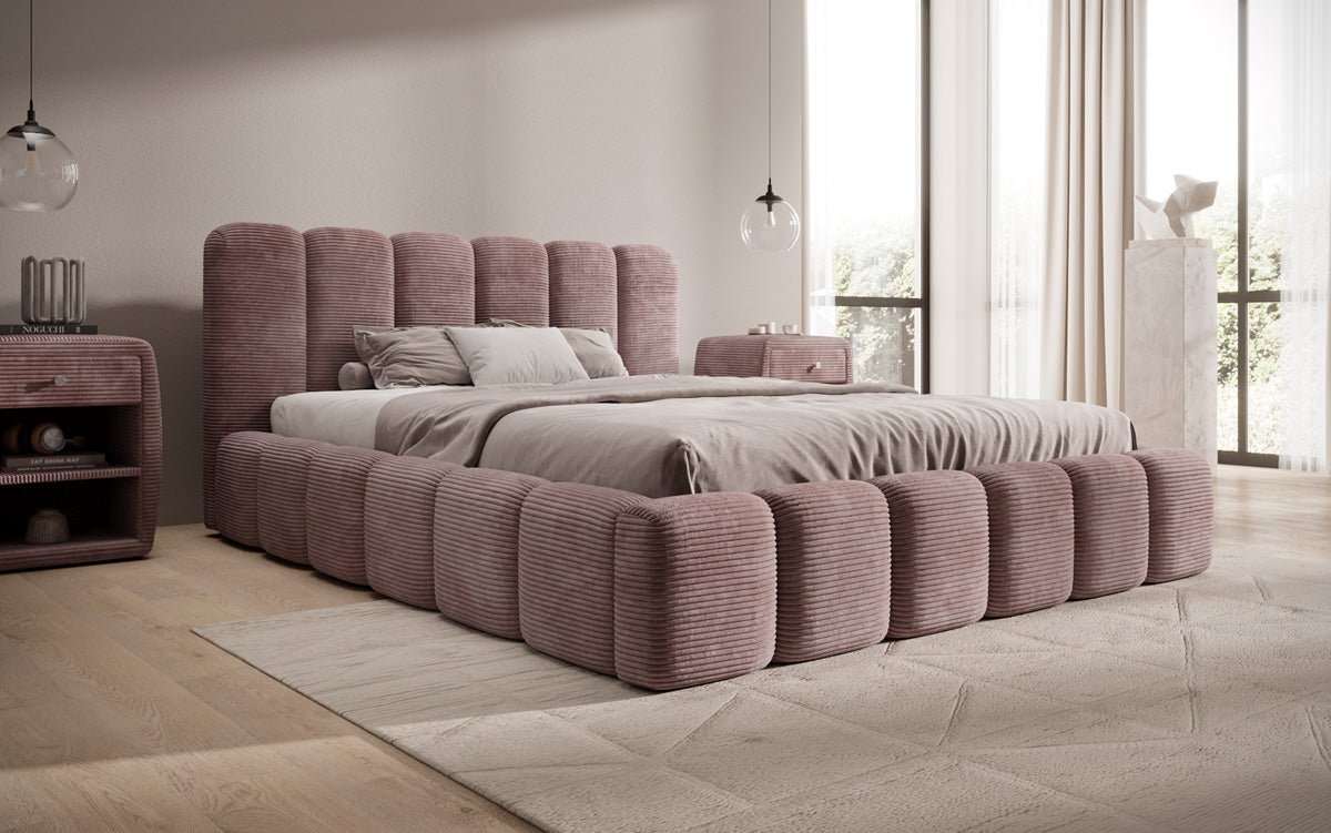 Designerslaapbed Tevara in ribstof met opbergruimte