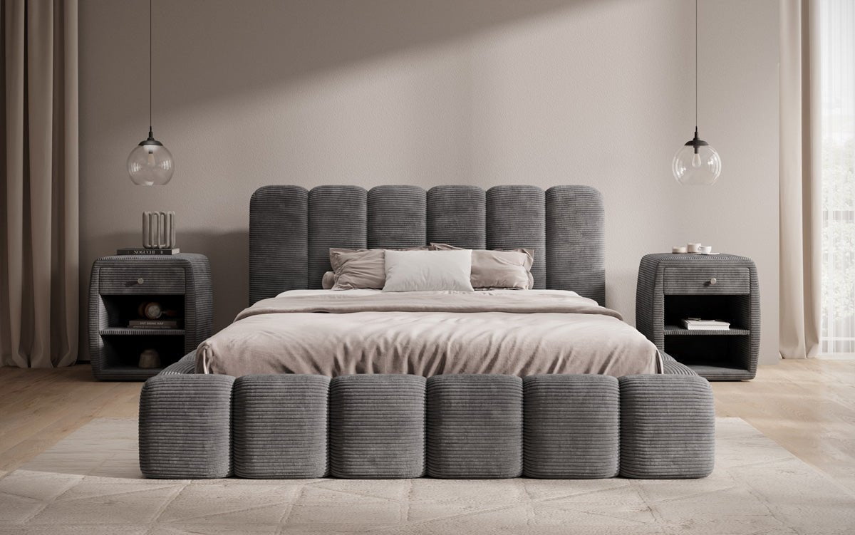 Designerslaapbed Tevara in ribstof met opbergruimte