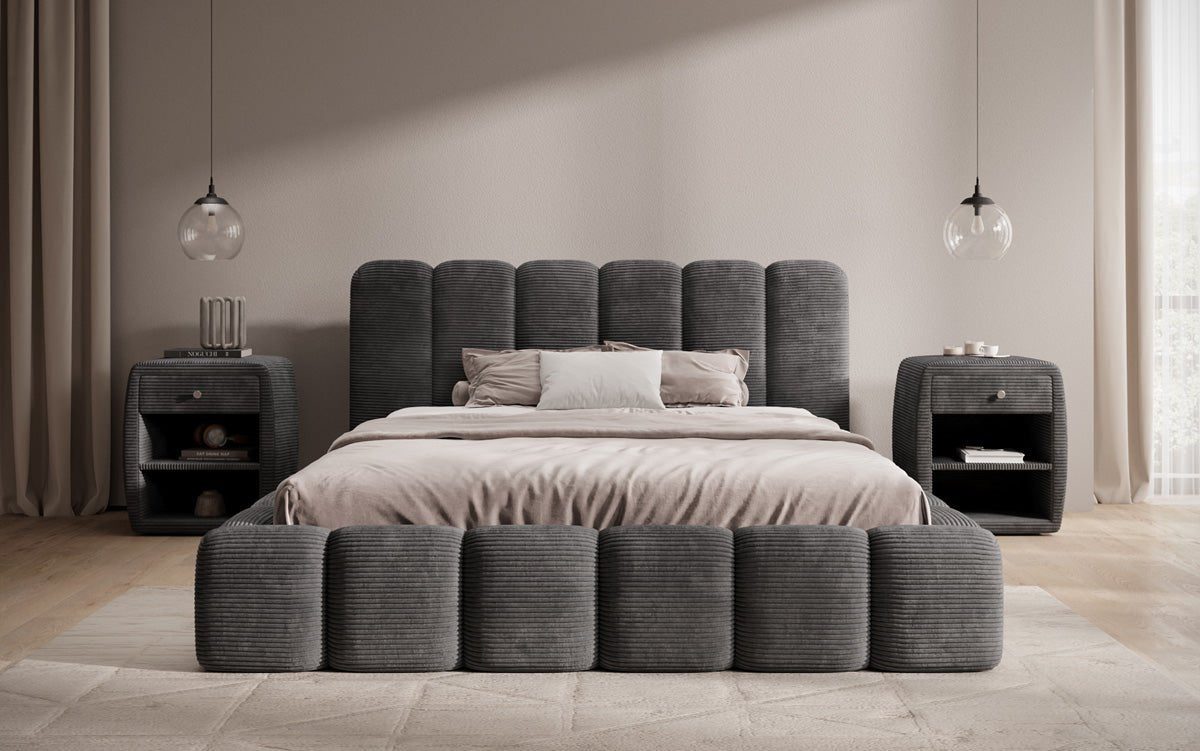 Designerslaapbed Tevara in ribstof met opbergruimte