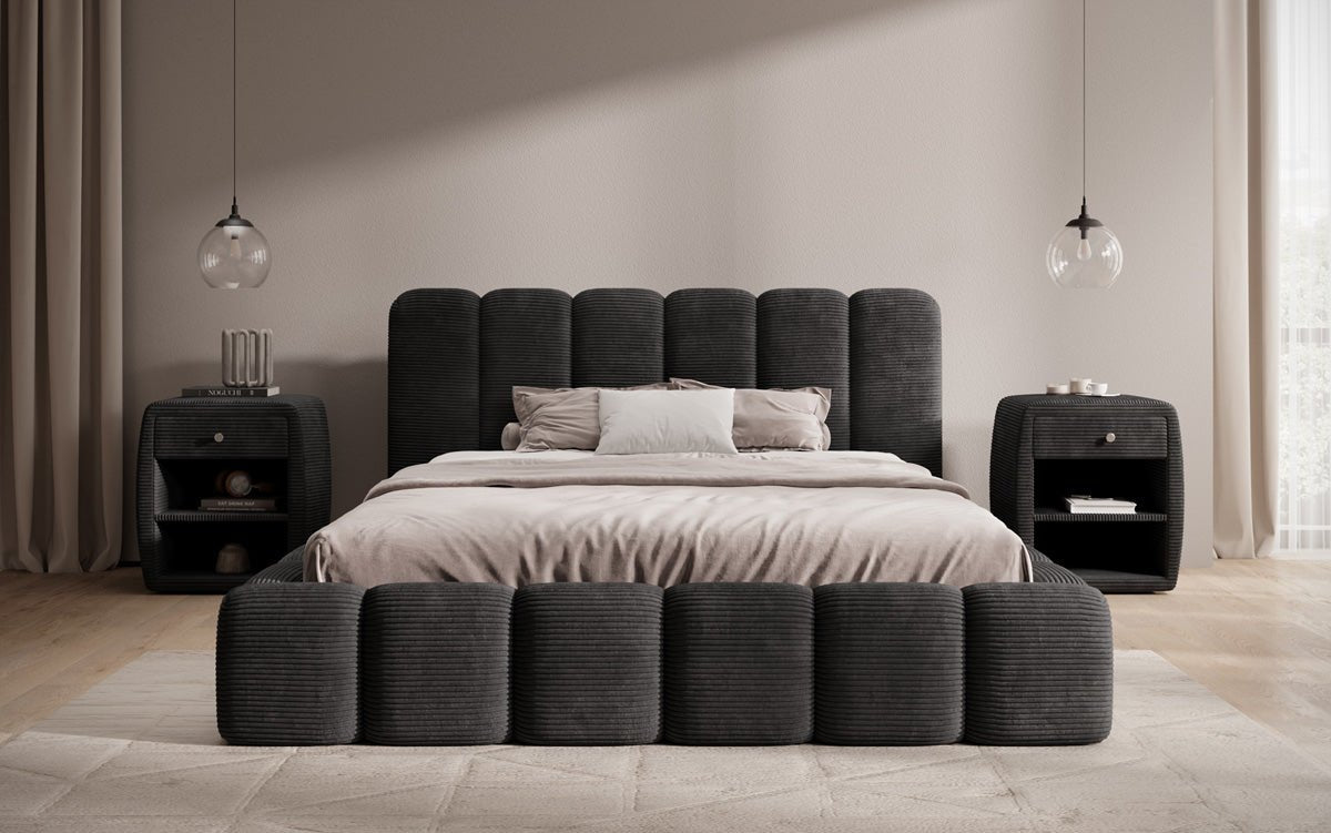 Designerslaapbed Tevara in ribstof met opbergruimte