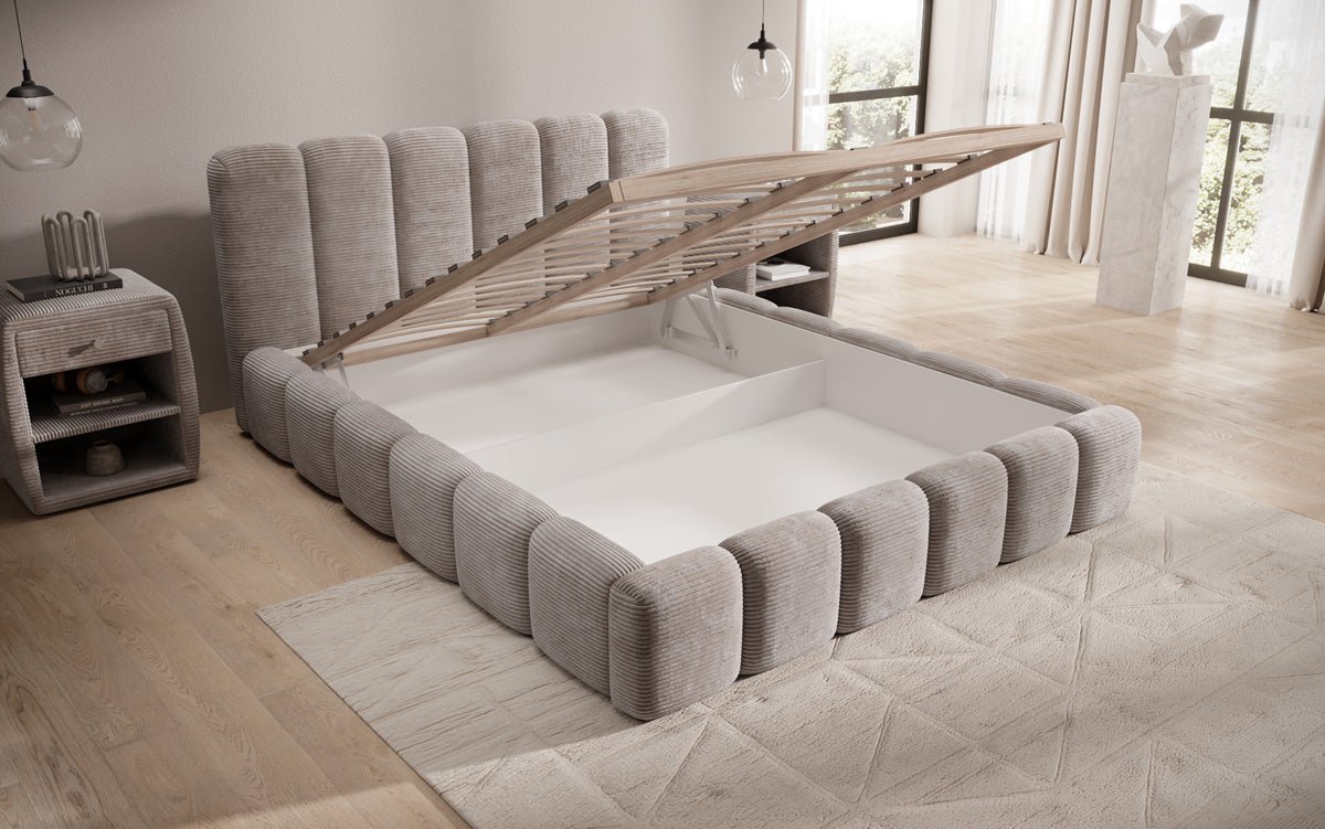 Designerslaapbed Tevara in ribstof met opbergruimte