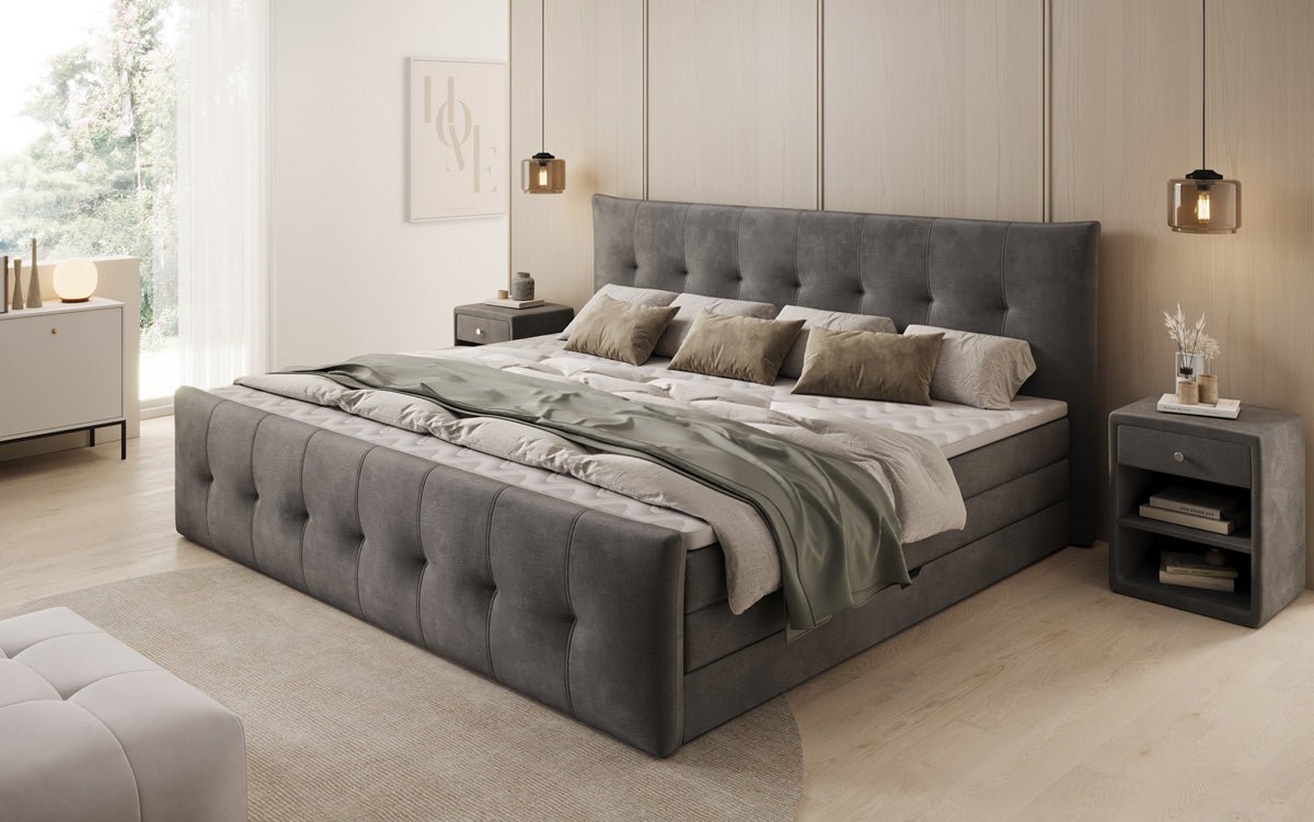 Lit boxspring familial Valenza – 220/240x200 avec rangement en velours