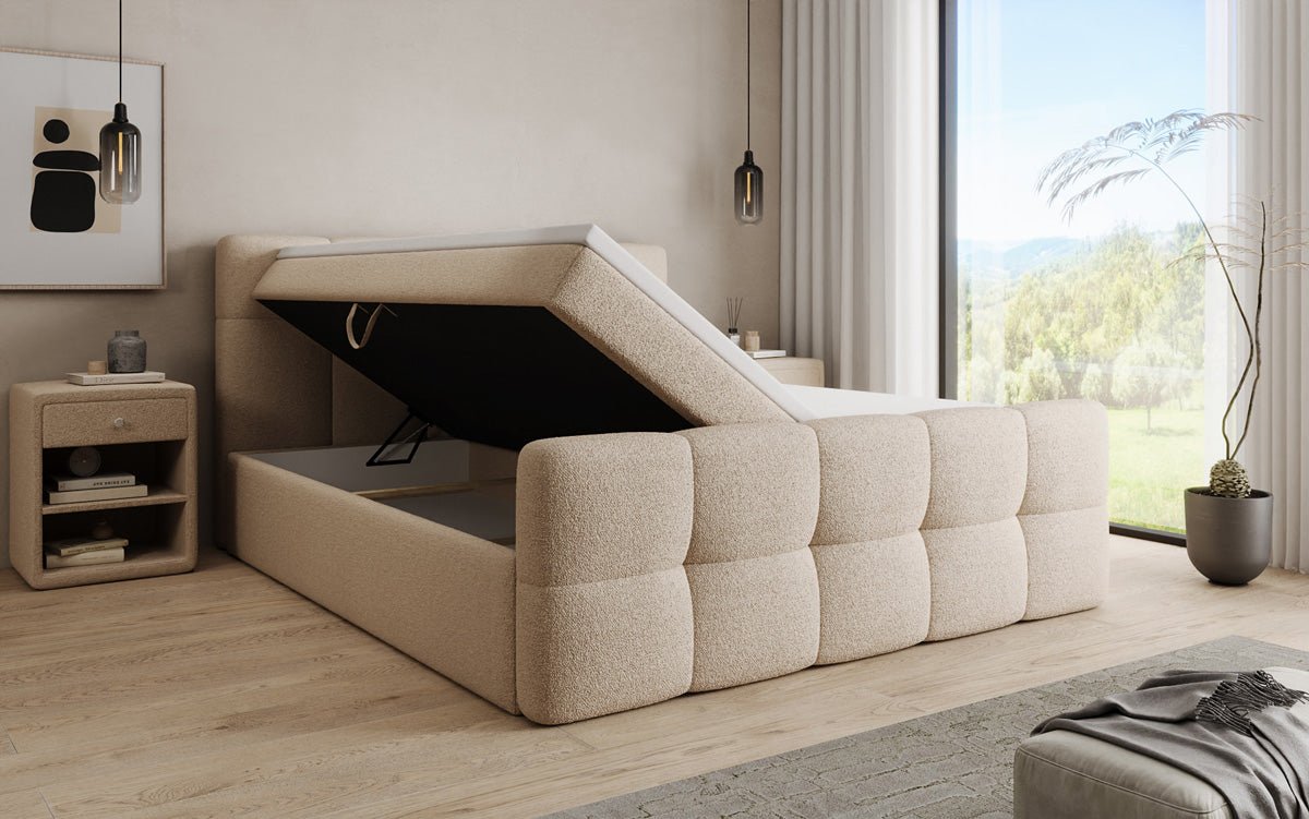 Boxspringbed Cozy in Teddystof Bouclé met opbergruimte
