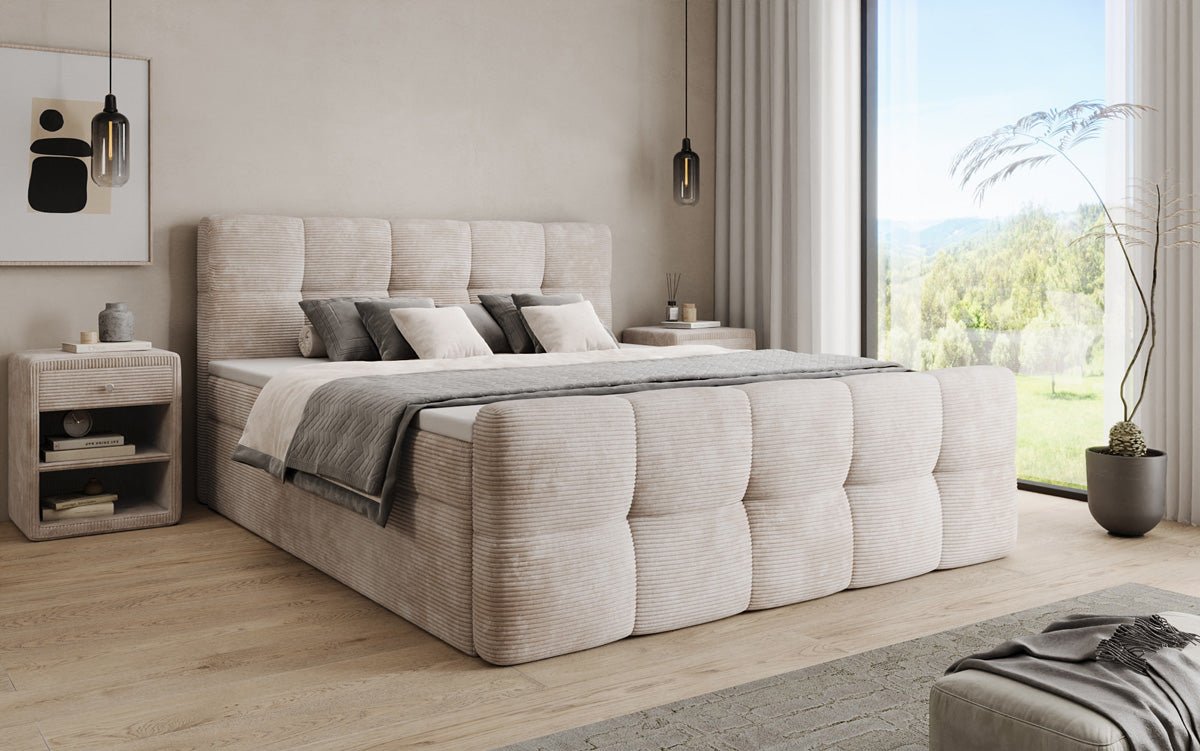 Lit boxspring Cozy en côtelé avec espace de rangement