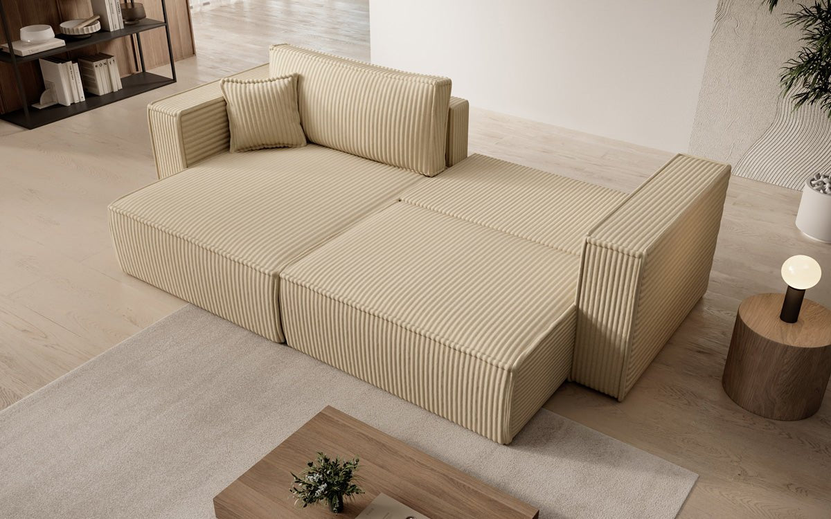 Designersofa Parijs in brede ribstof met slaap- en klapfunctie