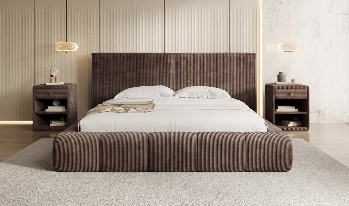 Designer gestoffeerd bed Elise in Ribstof met opbergruimte