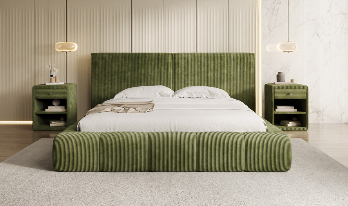 Designer gestoffeerd bed Elise in Ribstof met opbergruimte