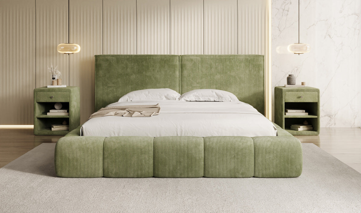 Designer gestoffeerd bed Elise in Ribstof met opbergruimte