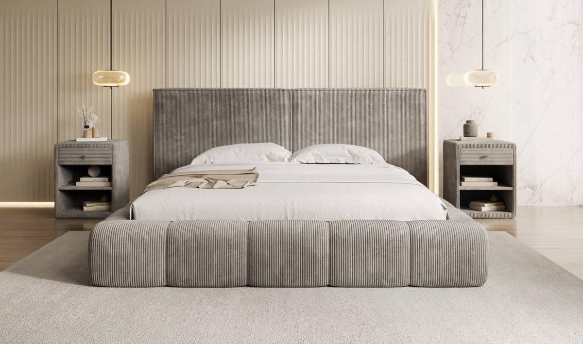 Designer gestoffeerd bed Elise in Ribstof met opbergruimte