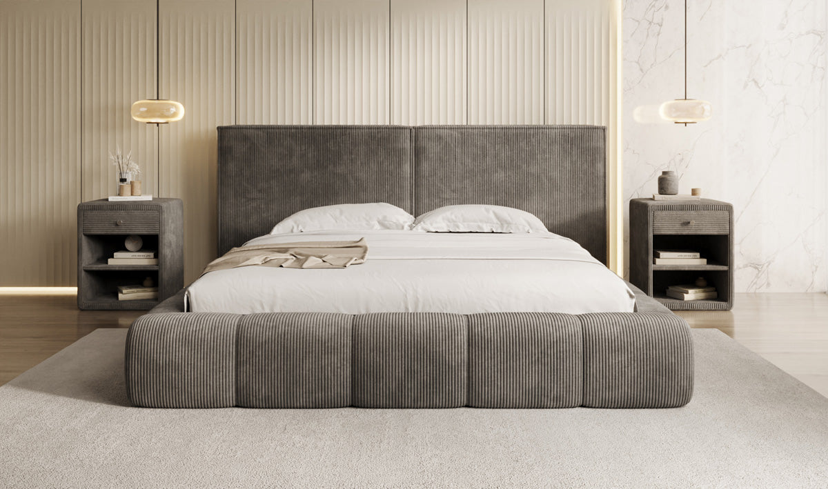 Designer gestoffeerd bed Elise in Ribstof met opbergruimte