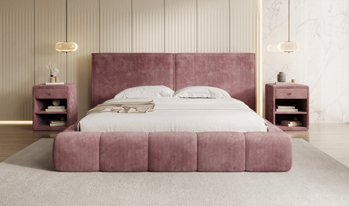 Designer gestoffeerd bed Elise in Ribstof met opbergruimte