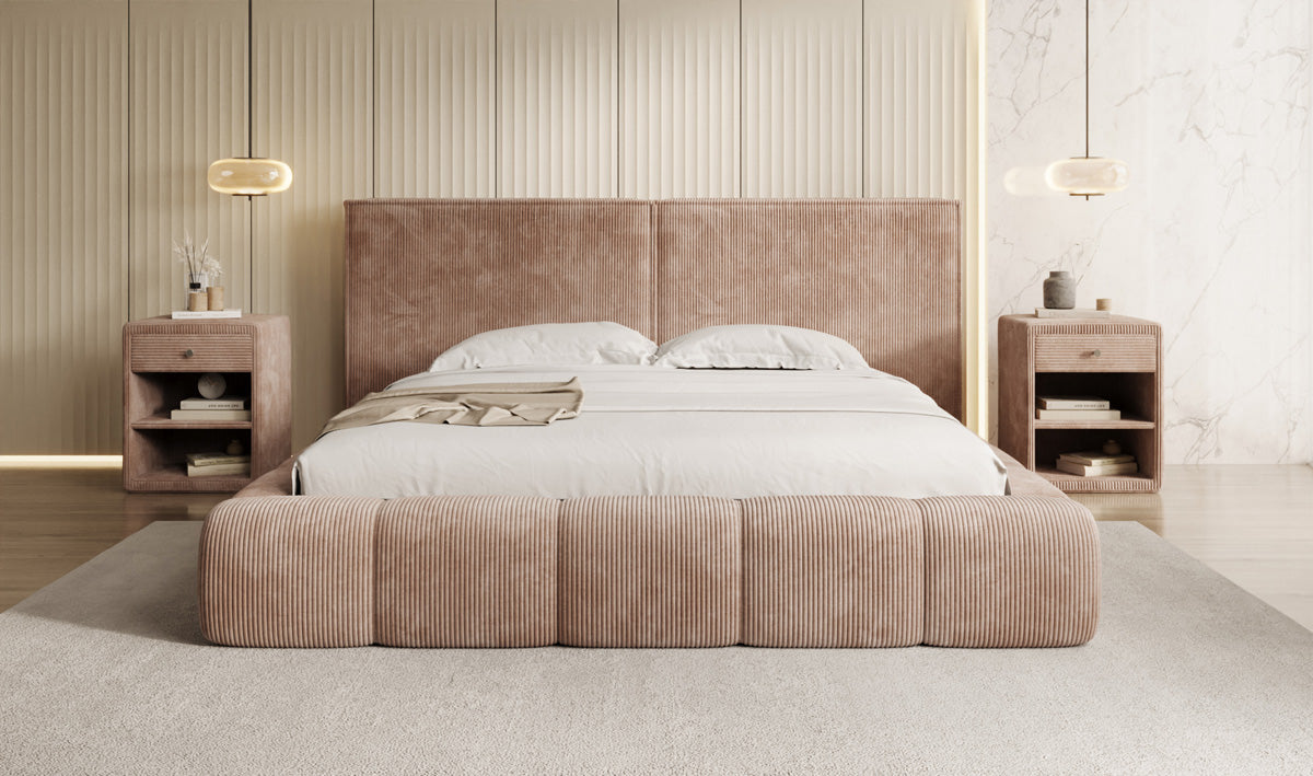 Designer gestoffeerd bed Elise in Ribstof met opbergruimte