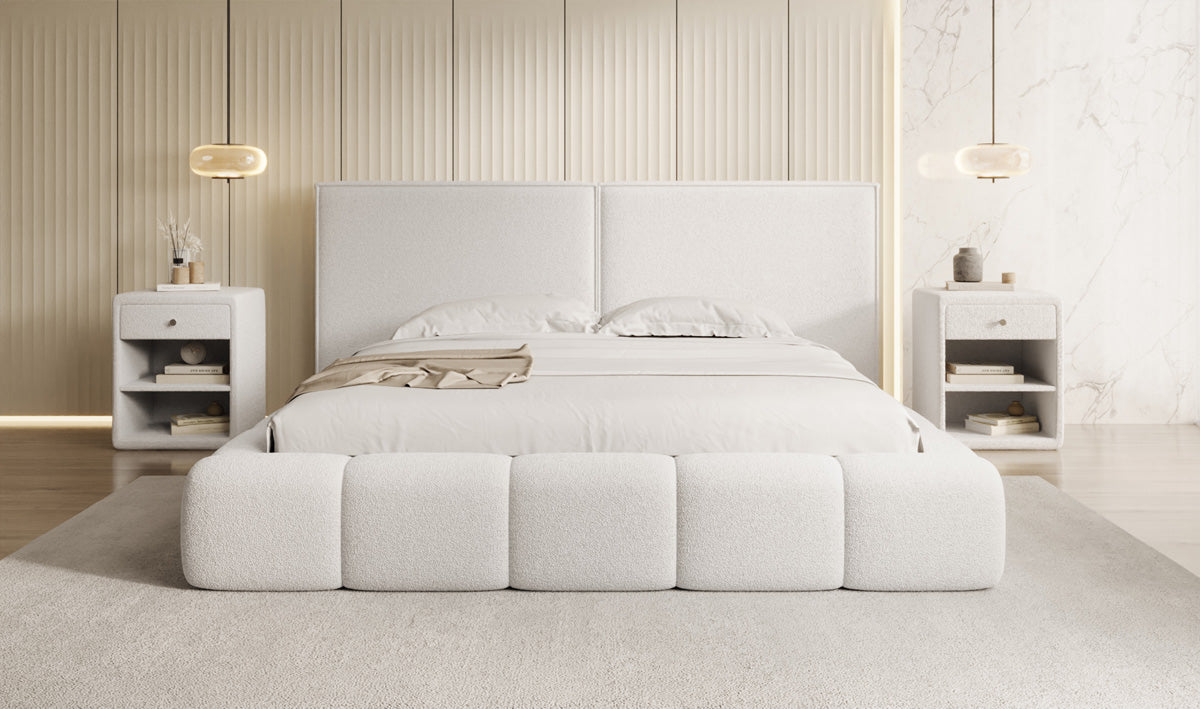 Designer gestoffeerd bed Elise in Teddystof Bouclé met opbergruimte