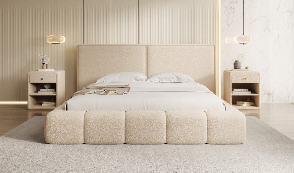 Designer gestoffeerd bed Elise in Teddystof Bouclé met opbergruimte