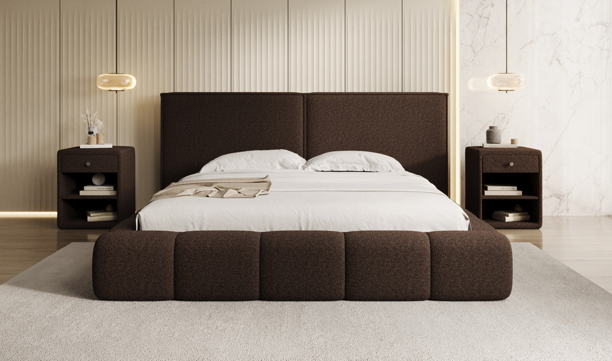 Designer gestoffeerd bed Elise in Teddystof Bouclé met opbergruimte
