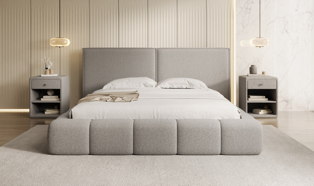 Designer gestoffeerd bed Elise in Teddystof Bouclé met opbergruimte