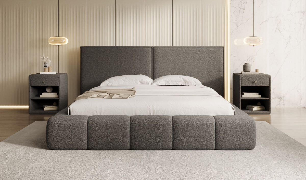 Designer gestoffeerd bed Elise in Teddystof Bouclé met opbergruimte